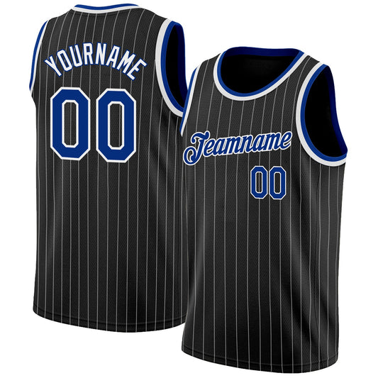 Custom Black White Pinstripe Royal-White Authentic Basketball Jersey - Main View