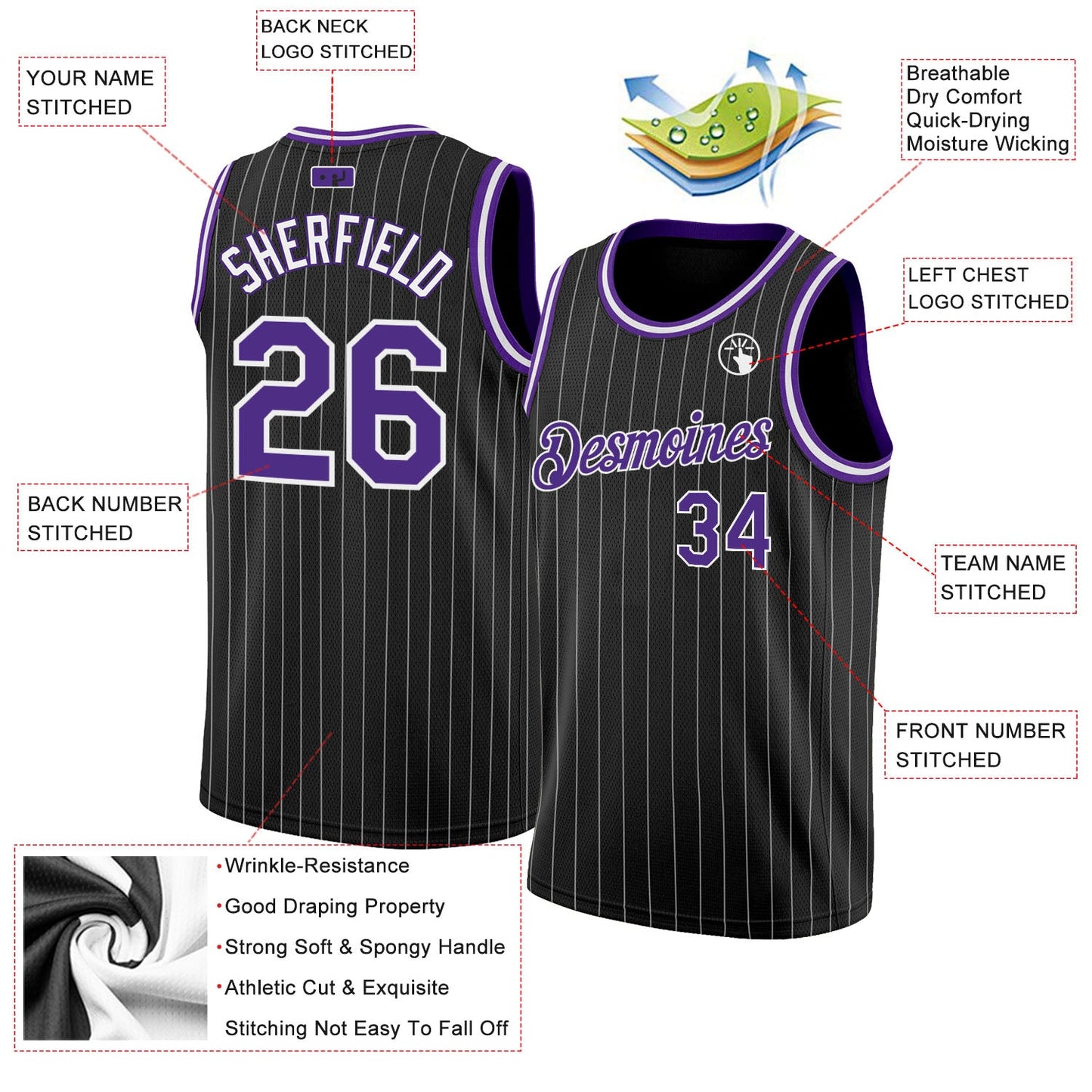 Custom Black White Pinstripe Purple-White Authentic Basketball Jersey view 3