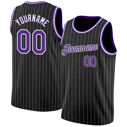 Custom Black White Pinstripe Purple-White Authentic Basketball Jersey - Main View