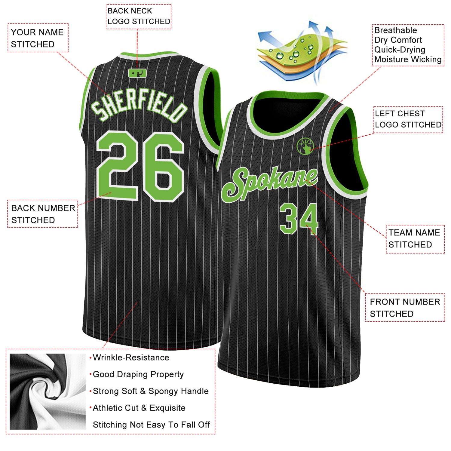 Custom Black White Pinstripe Neon Green-White Authentic Basketball Jersey view 2