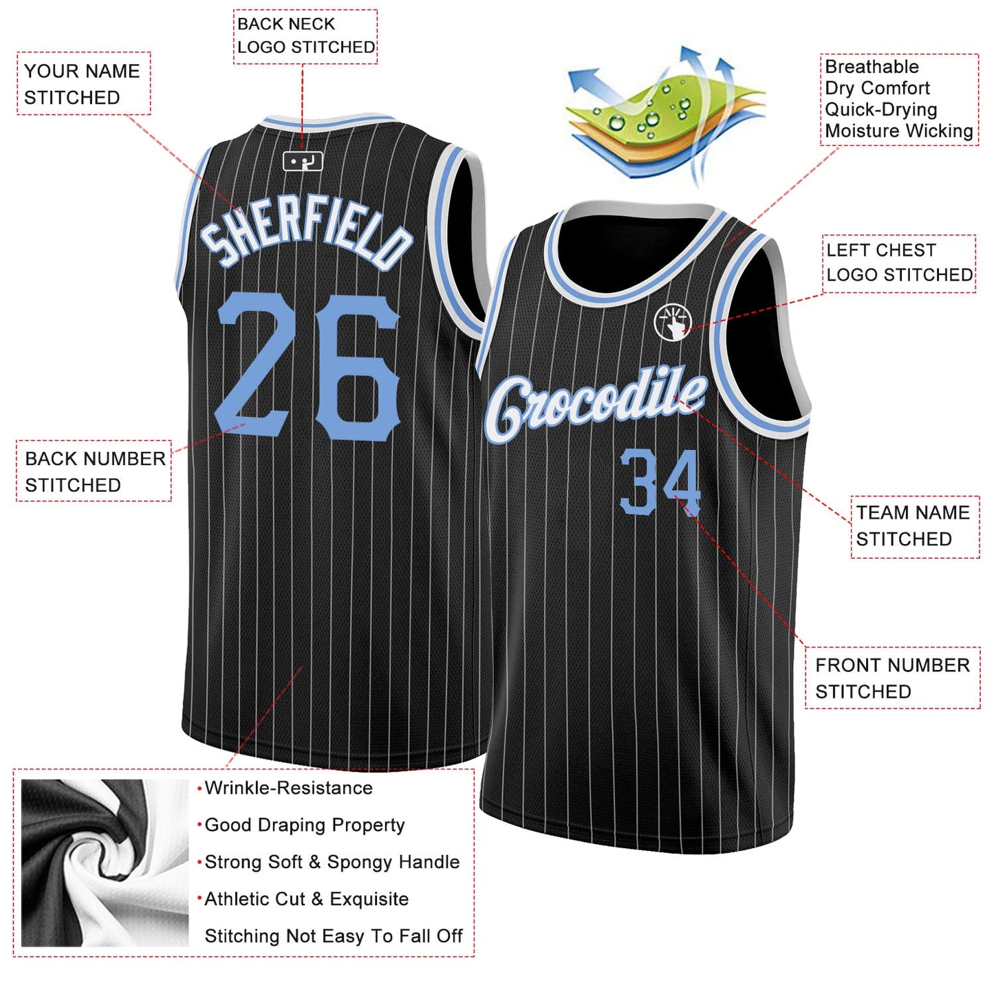 Custom Black White Pinstripe Light Blue-White Authentic Basketball Jersey view 2