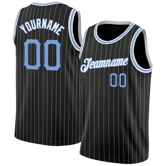 Custom Black White Pinstripe Light Blue-White Authentic Basketball Jersey - Main View