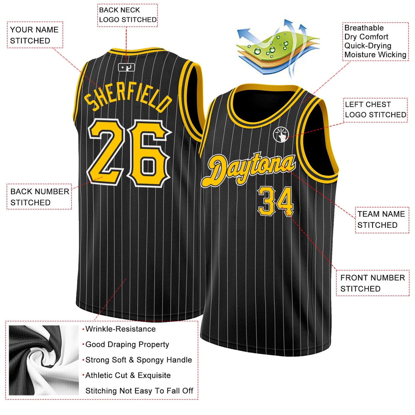 Custom Black White Pinstripe Gold-White Authentic Basketball Jersey view 2