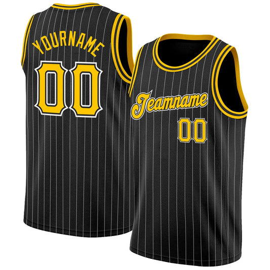 Custom Black White Pinstripe Gold-White Authentic Basketball Jersey - Main View