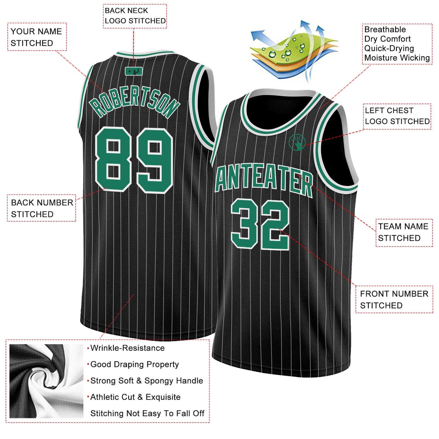 Custom Black White Pinstripe Kelly Green-White Authentic Basketball Jersey view 2