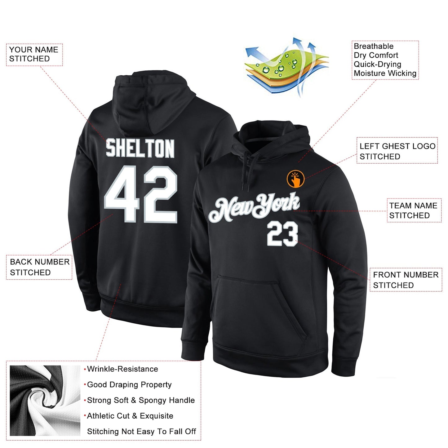 Custom Stitched Black White-Silver Sports Pullover Sweatshirt Hoodie view 4