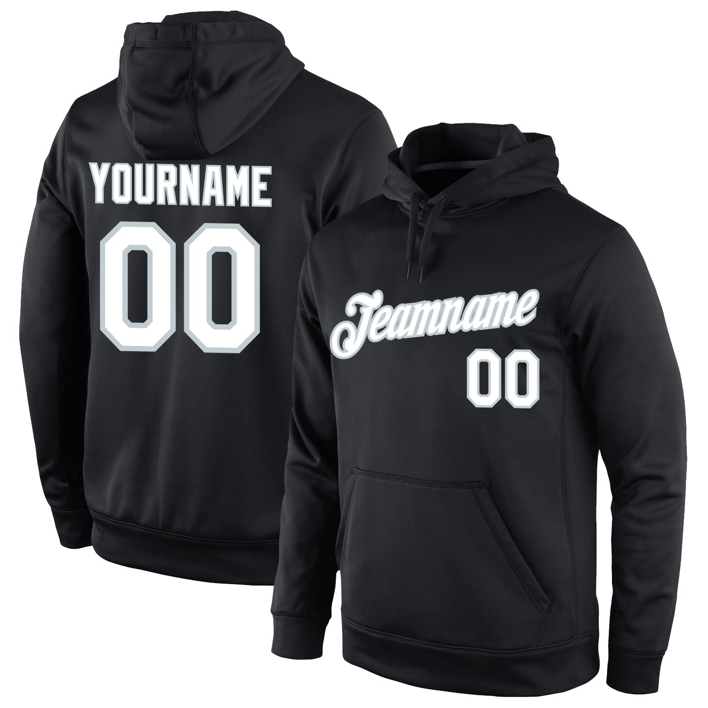 Custom Stitched Black White-Silver Sports Pullover Sweatshirt Hoodie - Main View