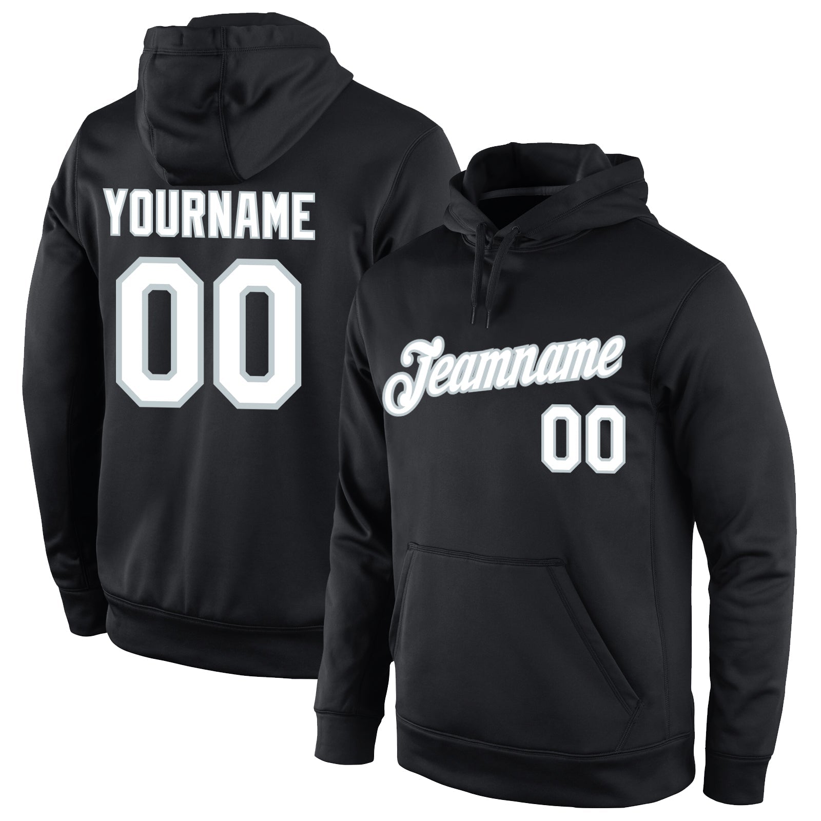 Custom Stitched Black White-Silver Sports Pullover Sweatshirt Hoodie - Main View