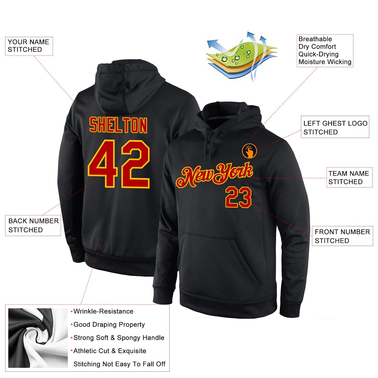 Custom Stitched Black Red-Gold Sports Pullover Sweatshirt Hoodie view 4