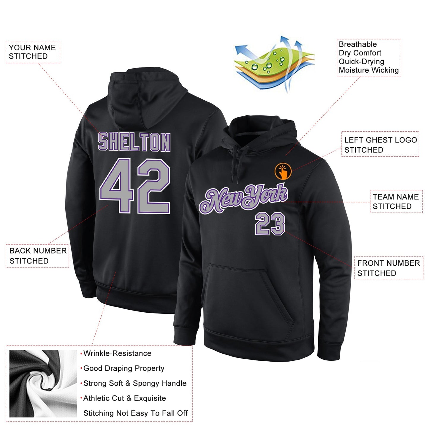 Custom Stitched Black Gray-Purple Sports Pullover Sweatshirt Hoodie view 4