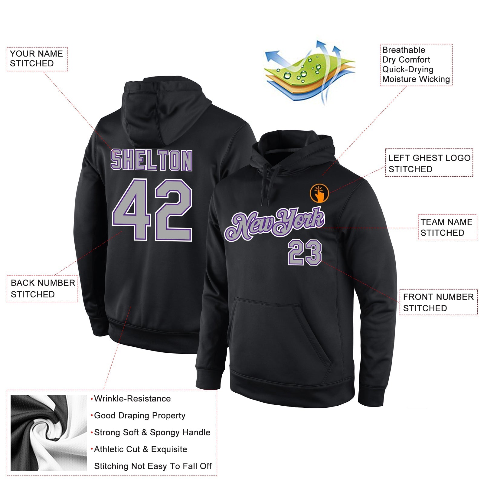 Custom Stitched Black Gray-Purple Sports Pullover Sweatshirt Hoodie view 4