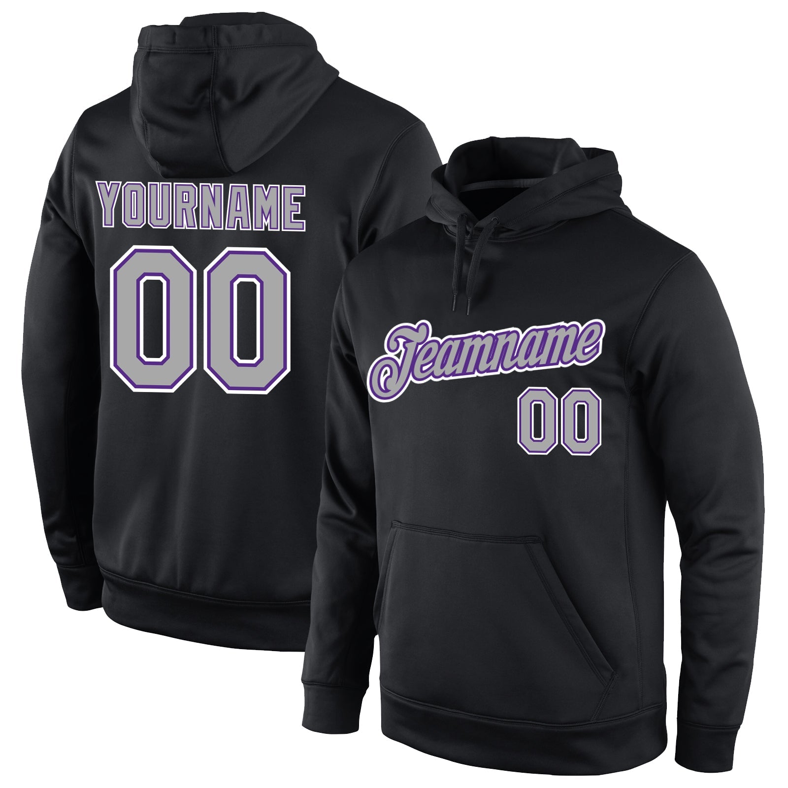 Custom Stitched Black Gray-Purple Sports Pullover Sweatshirt Hoodie - Main View