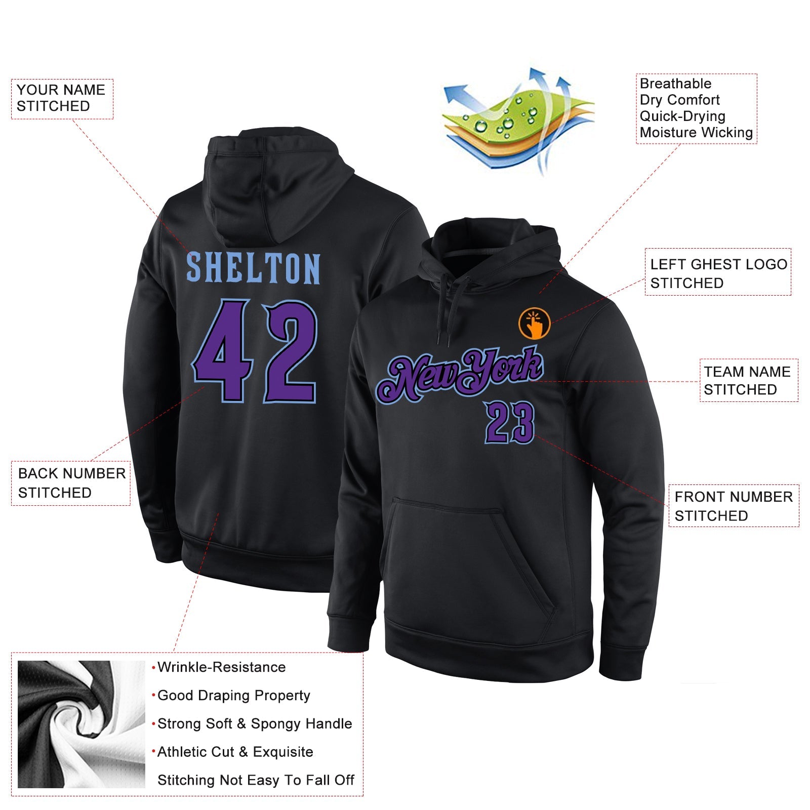 Custom Stitched Black Purple-Light Blue Sports Pullover Sweatshirt Hoodie view 4