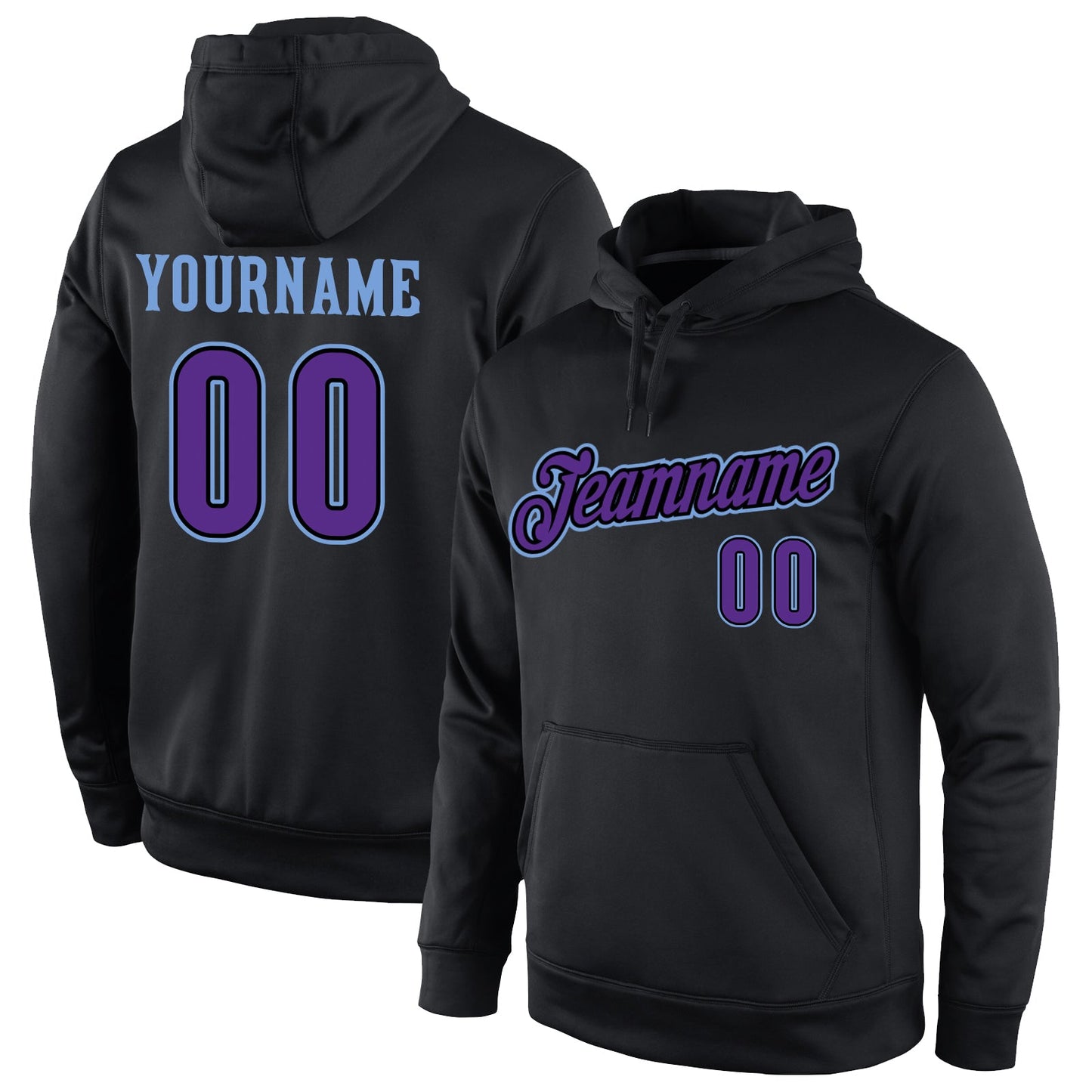 Custom Stitched Black Purple-Light Blue Sports Pullover Sweatshirt Hoodie - Main View