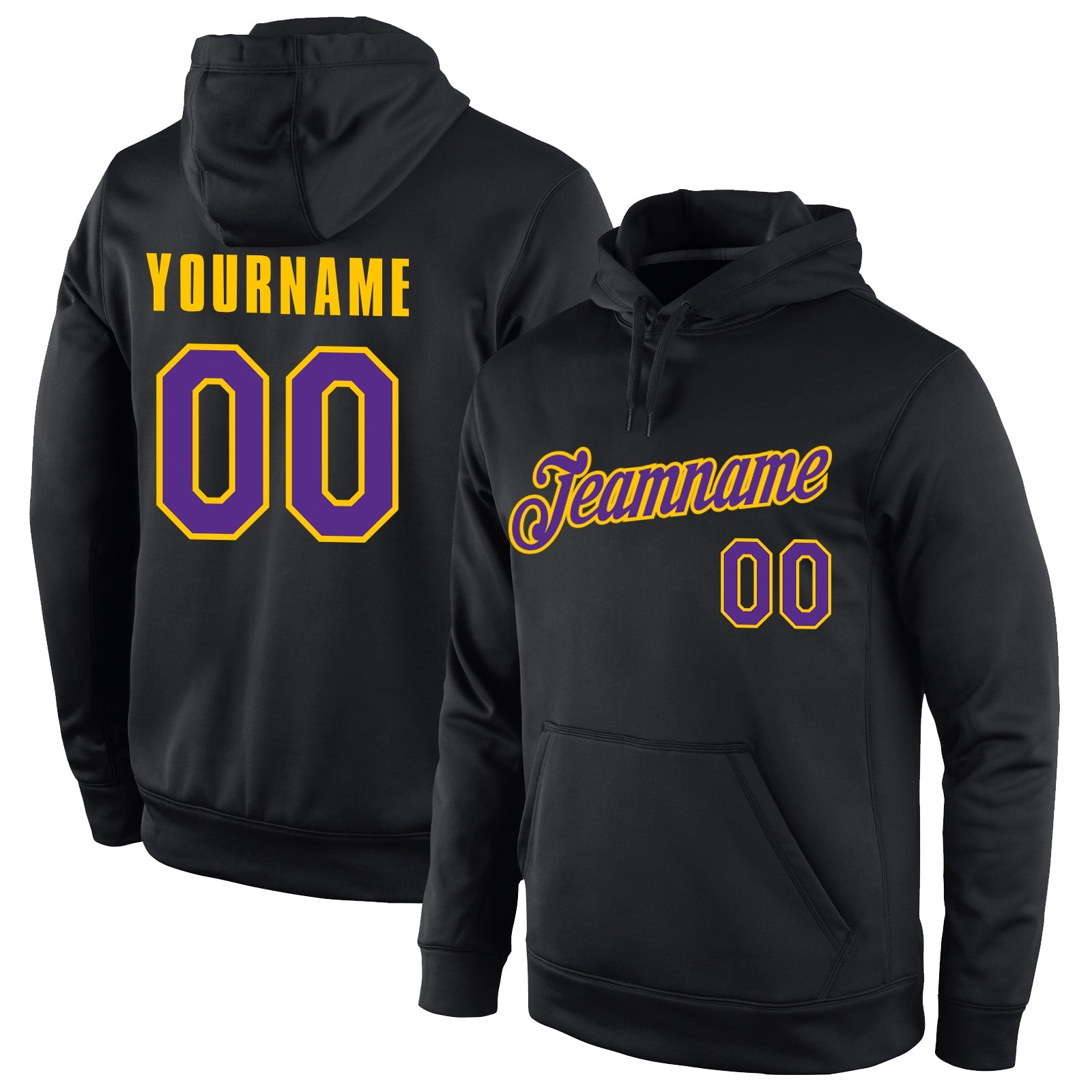 Custom Stitched Black Purple-Gold Sports Pullover Sweatshirt Hoodie - Main View