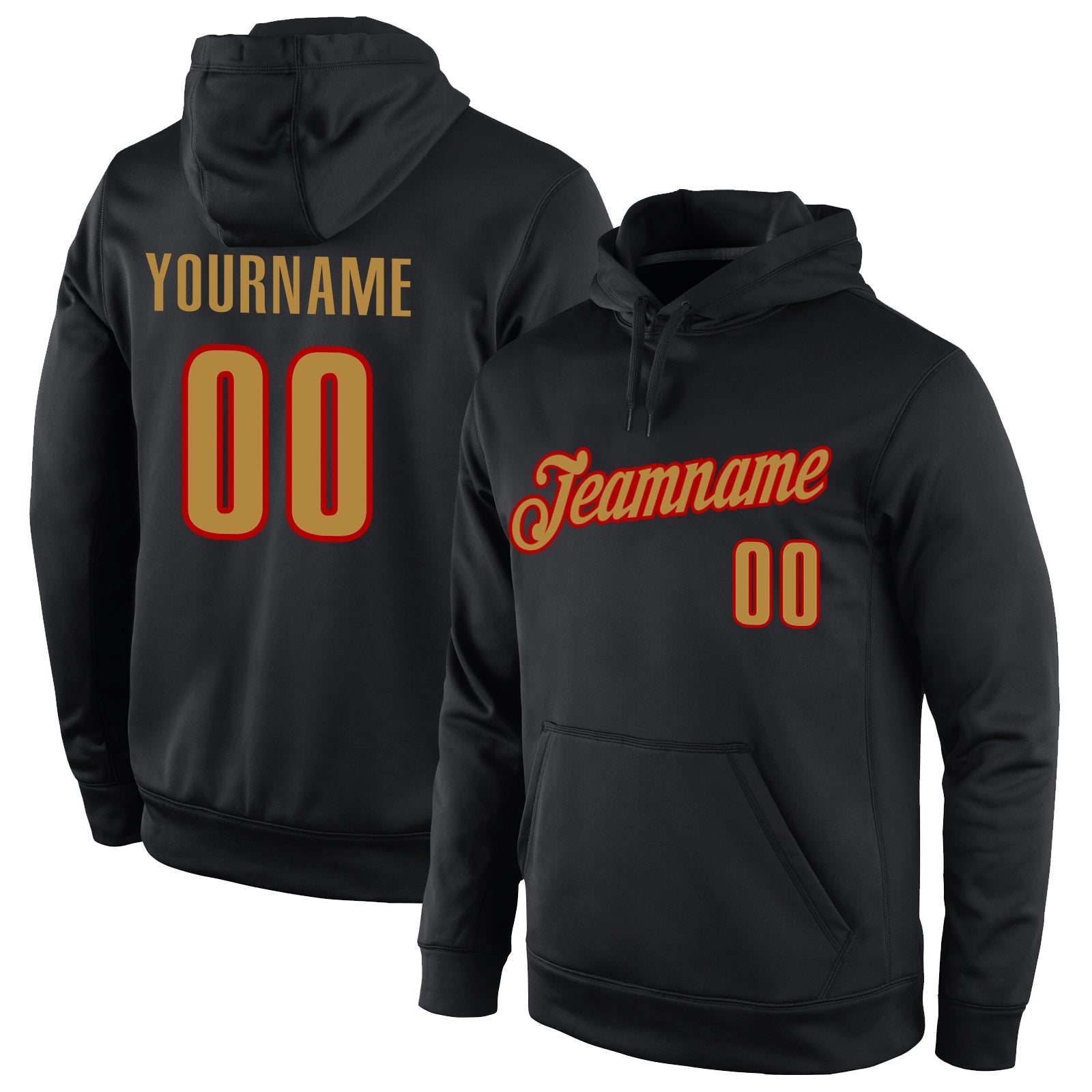 Custom Stitched Black Old Gold-Red Sports Pullover Sweatshirt Hoodie - Main View