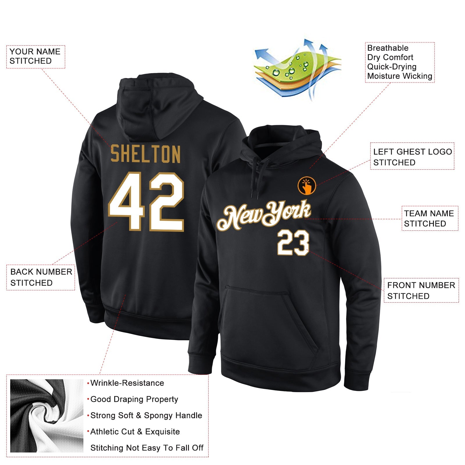 Custom Stitched Black White-Old Gold Sports Pullover Sweatshirt Hoodie view 4