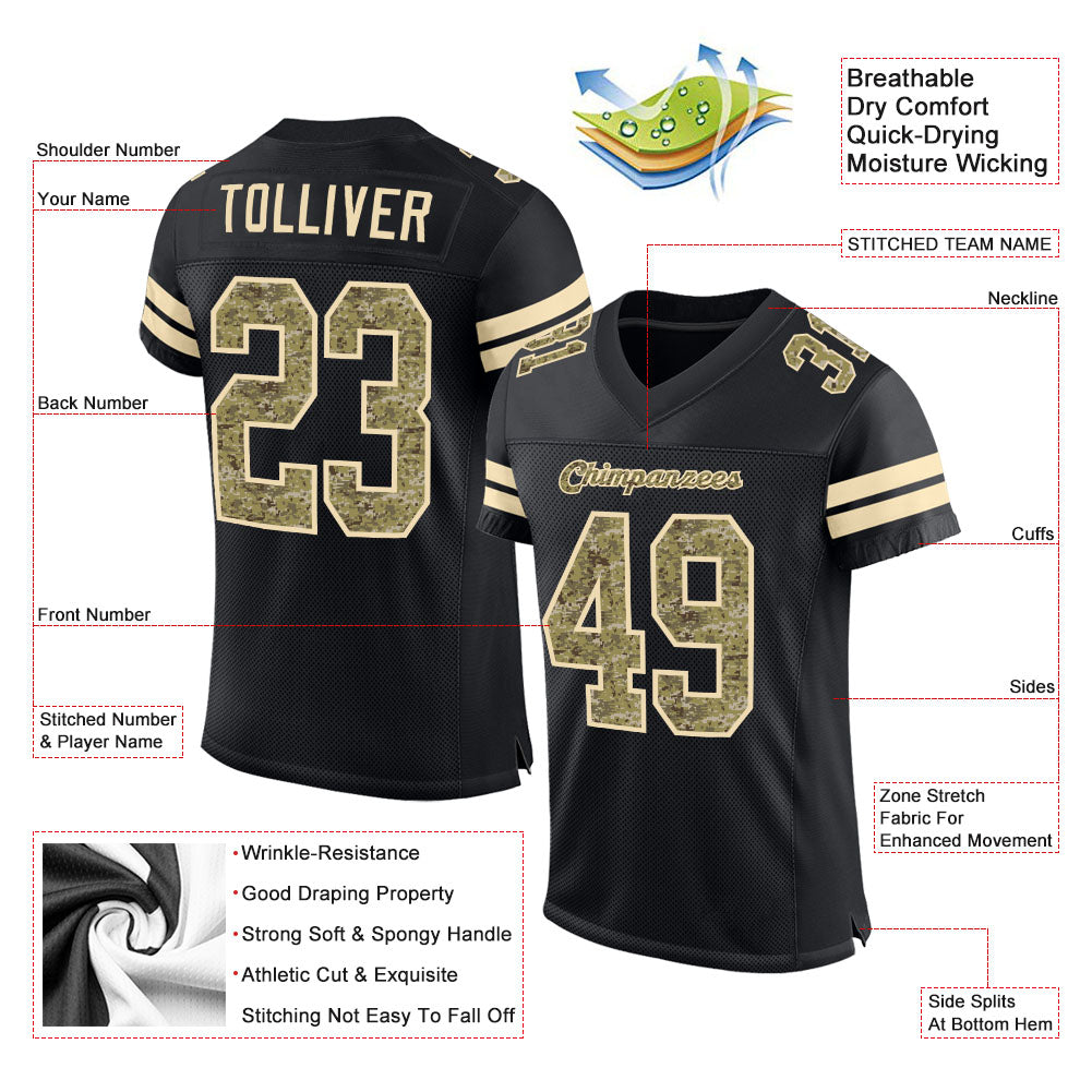 Custom Black Camo-Cream Mesh Authentic Football Jersey view 4