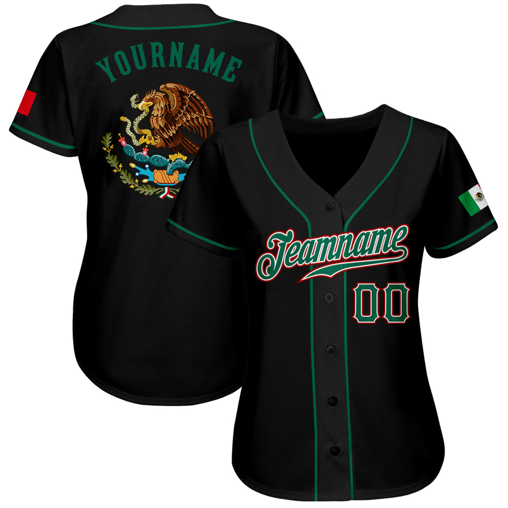 Custom Black Kelly Green-Red Authentic Mexican Flag Fashion Baseball Jersey view 2