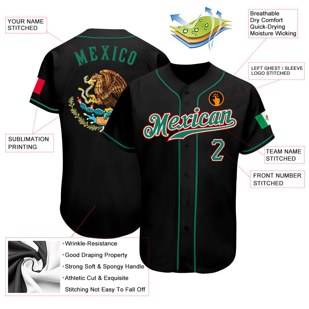 Custom Black Kelly Green-Red Authentic Mexican Flag Fashion Baseball Jersey view 3