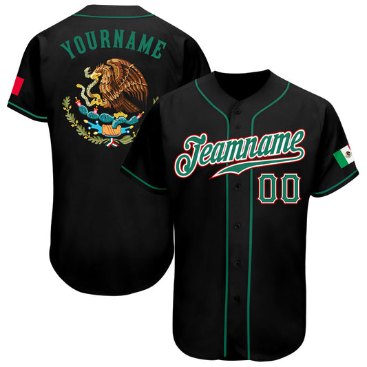 Custom Black Kelly Green-Red Authentic Mexican Flag Fashion Baseball Jersey - Main View