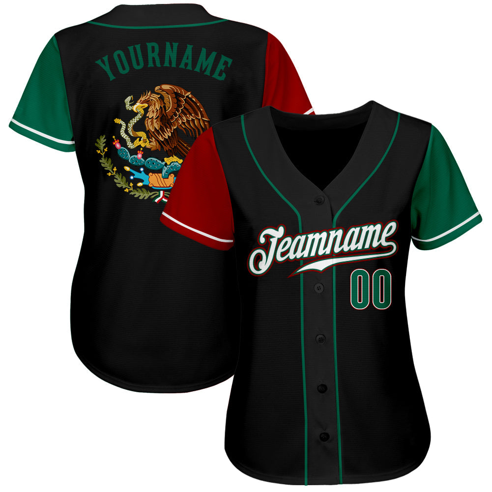 Custom Black Kelly Green-Red Authentic Mexico Two Tone Baseball Jersey view 3
