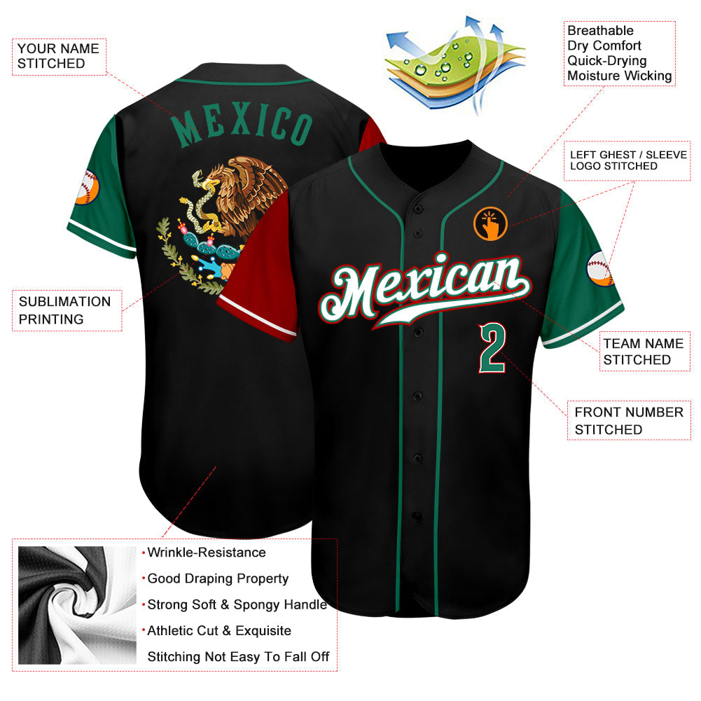 Custom Black Kelly Green-Red Authentic Mexico Two Tone Baseball Jersey view 4
