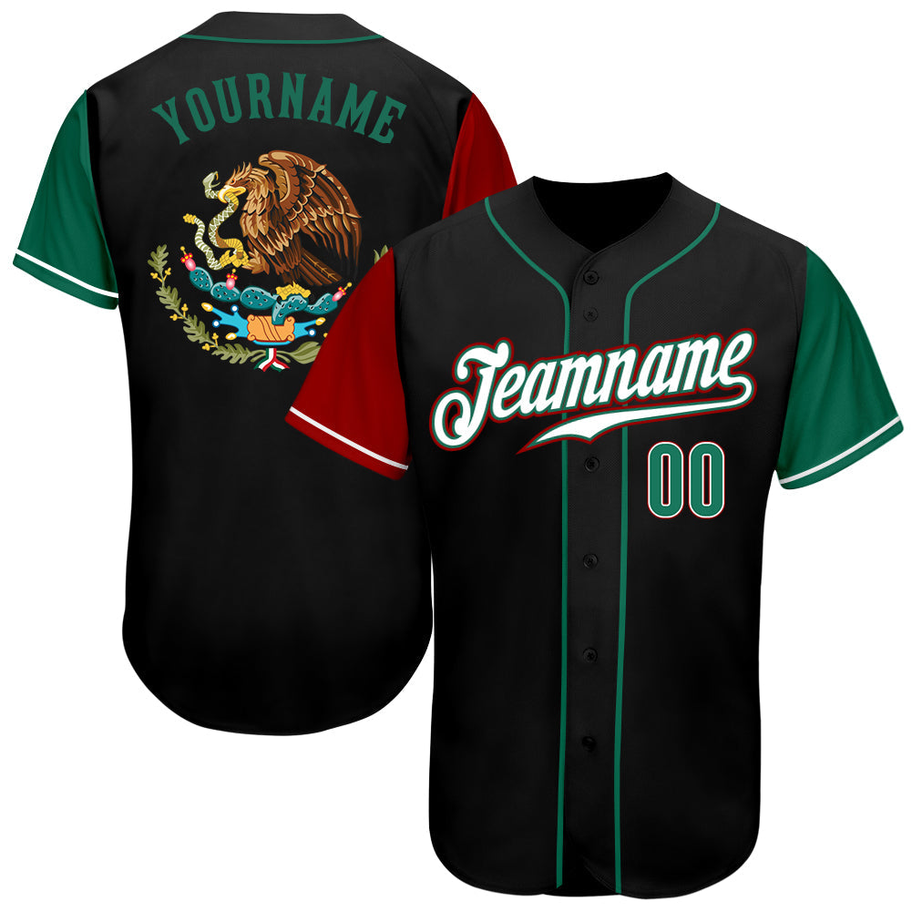 Custom Black Kelly Green-Red Authentic Mexico Two Tone Baseball Jersey - Main View