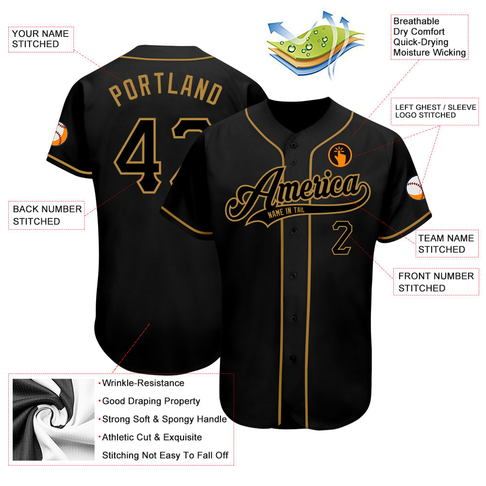 Custom Black Black-Old Gold Authentic Baseball Jersey view 3