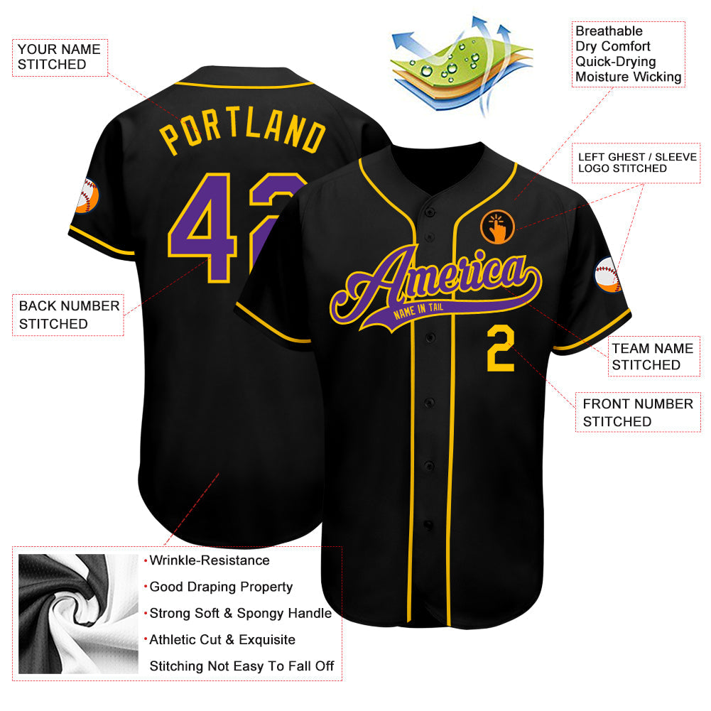 Custom Black Purple-Gold Authentic Baseball Jersey view 3