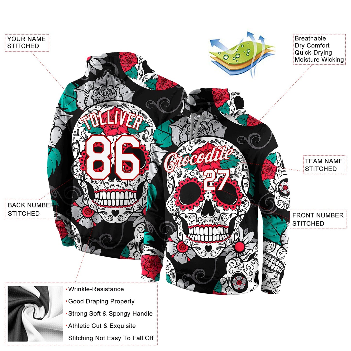 Custom Stitched Black White-Red 3D Skull Fashion Sports Pullover Sweatshirt Hoodie view 4