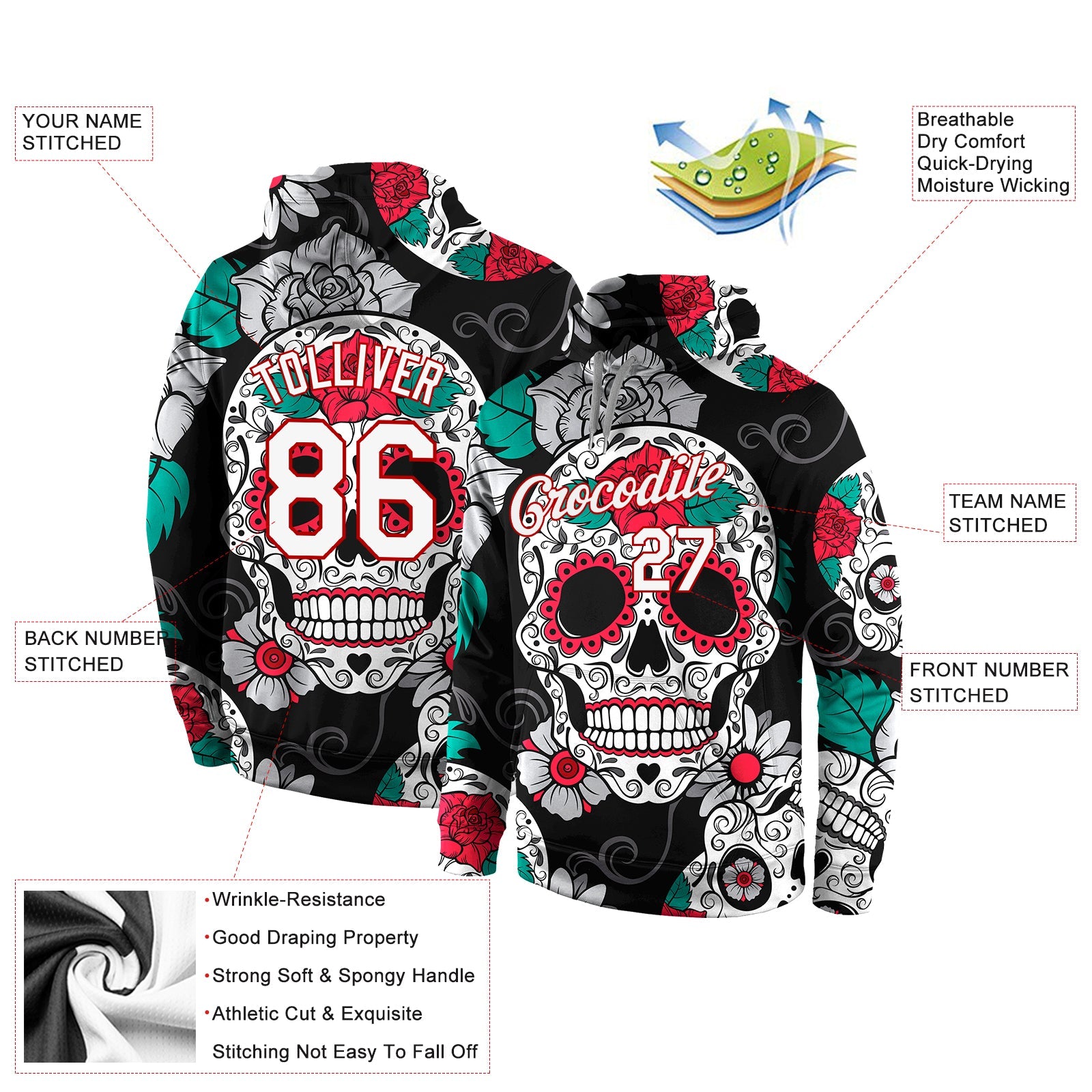 Custom Stitched Black White-Red 3D Skull Fashion Sports Pullover Sweatshirt Hoodie view 4
