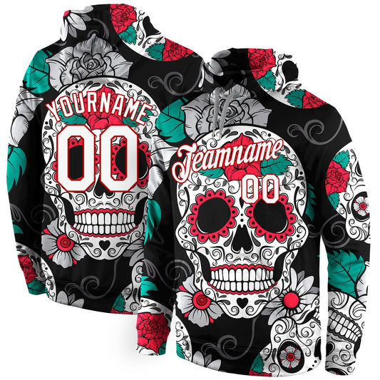 Custom Stitched Black White-Red 3D Skull Fashion Sports Pullover Sweatshirt Hoodie - Main View