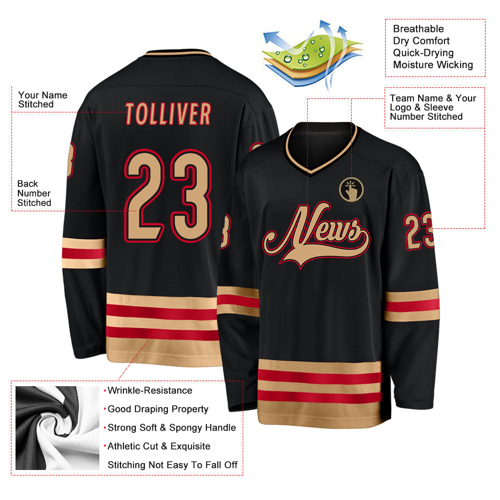 Custom Black Old Gold-Red Hockey Jersey view 4