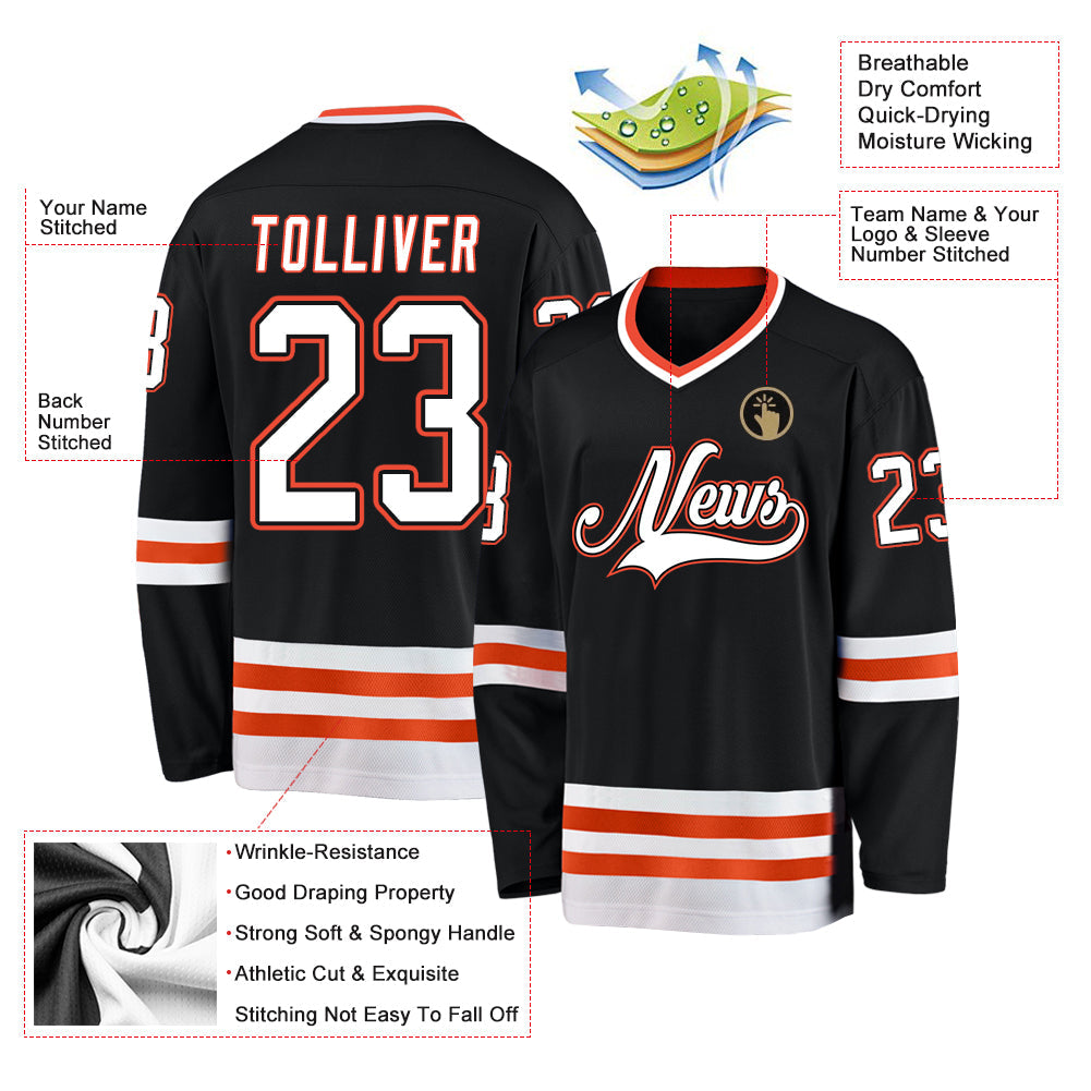 Custom Black White-Orange Hockey Jersey view 4
