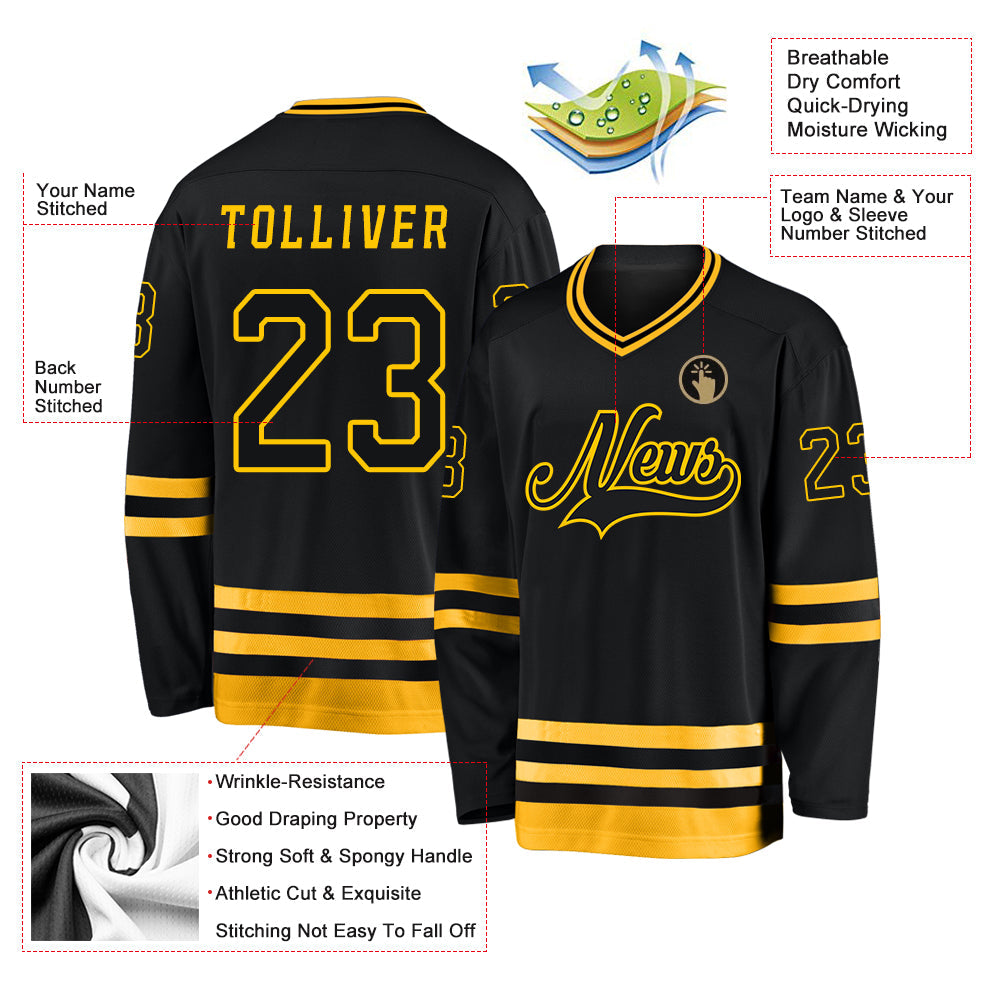 Custom Black Black-Gold Hockey Jersey view 5