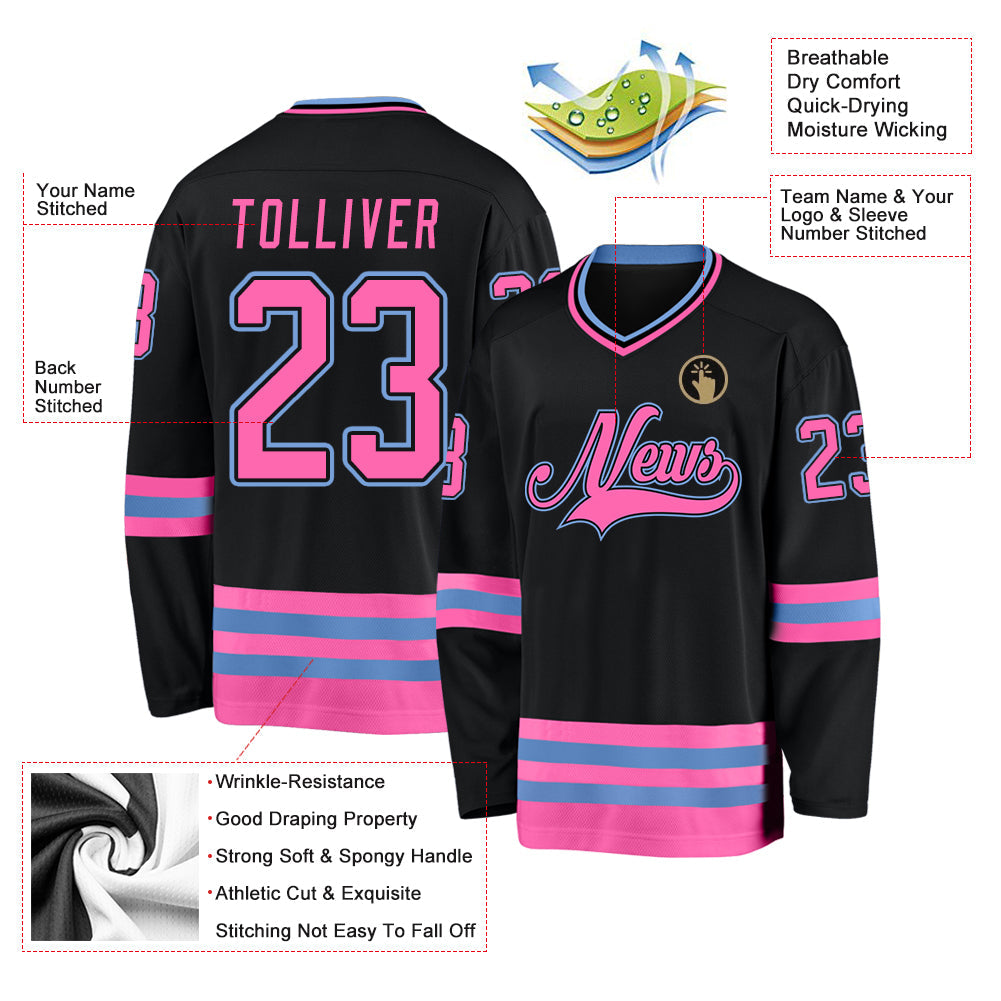 Custom Black Pink-Light Blue Hockey Jersey view 5
