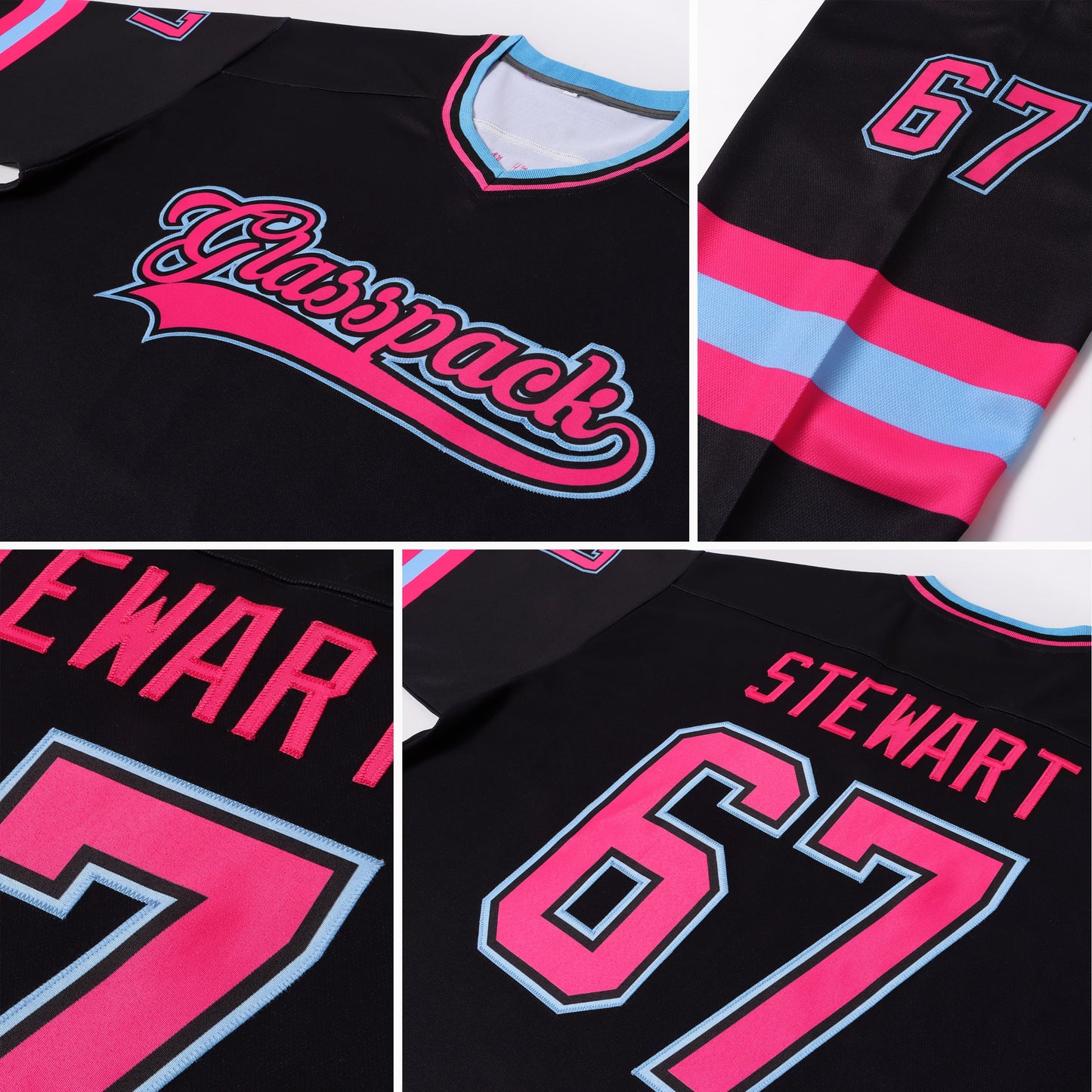 Custom Black Pink-Light Blue Hockey Jersey view 8
