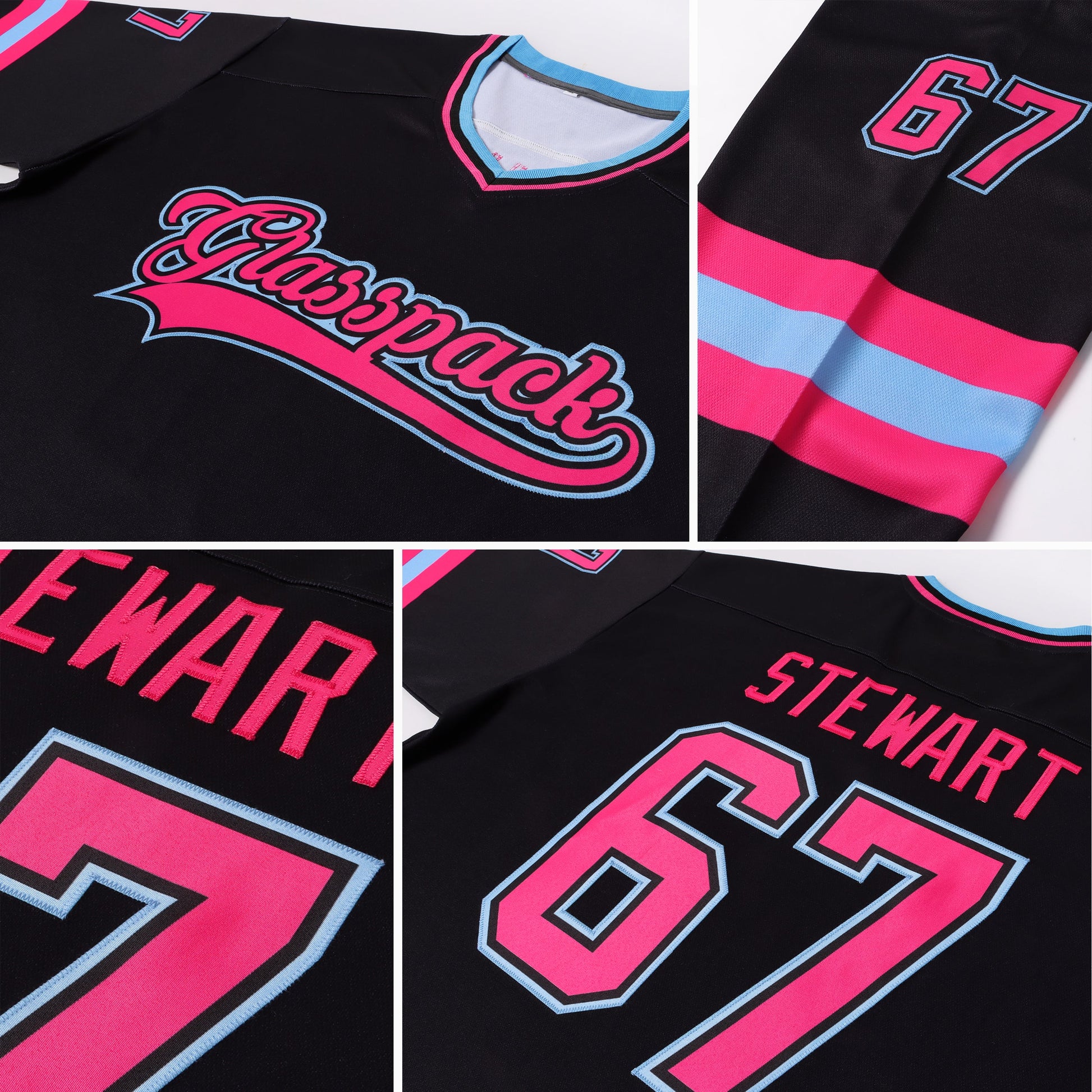 Custom Black Pink-Light Blue Hockey Jersey view 8