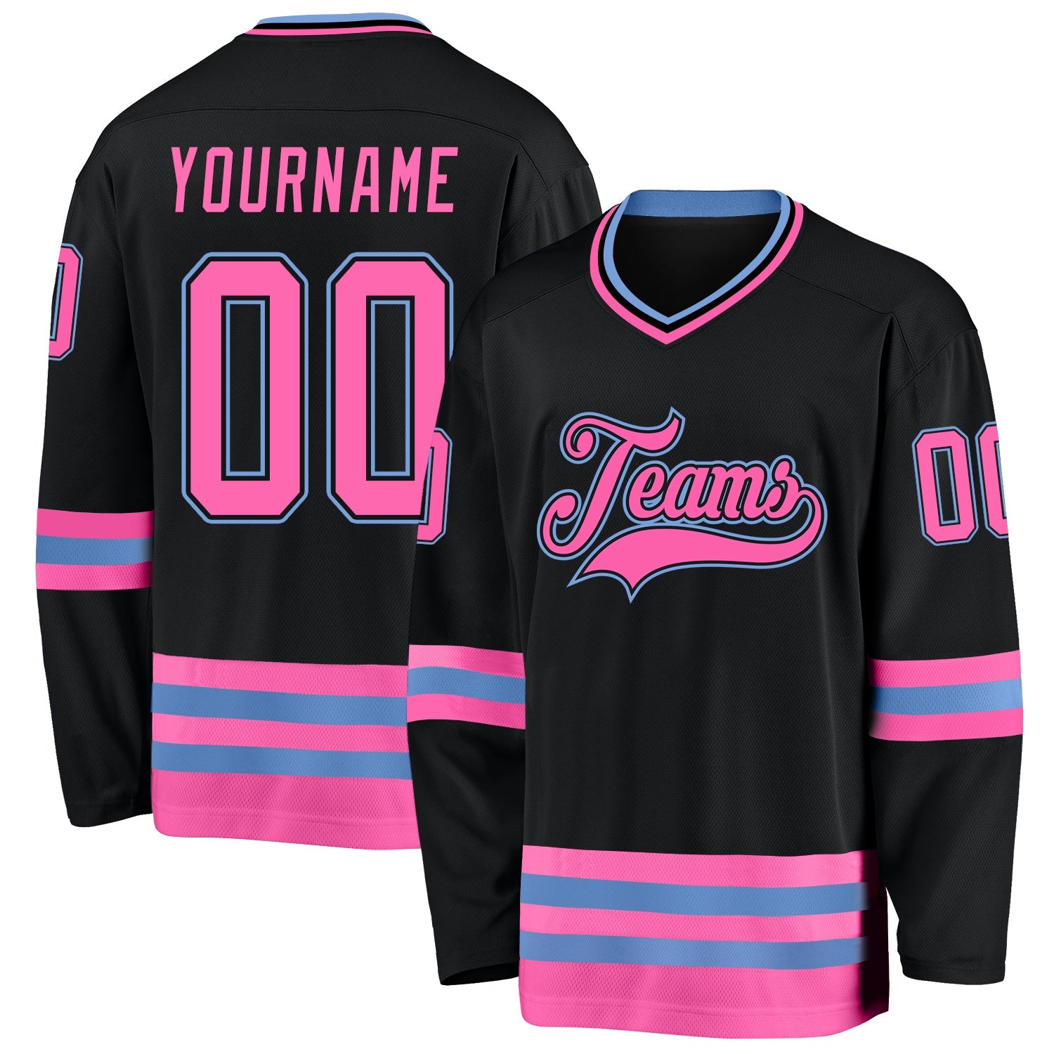 Custom Black Pink-Light Blue Hockey Jersey - Main View