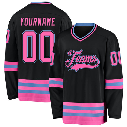 Custom Black Pink-Light Blue Hockey Jersey - Main View
