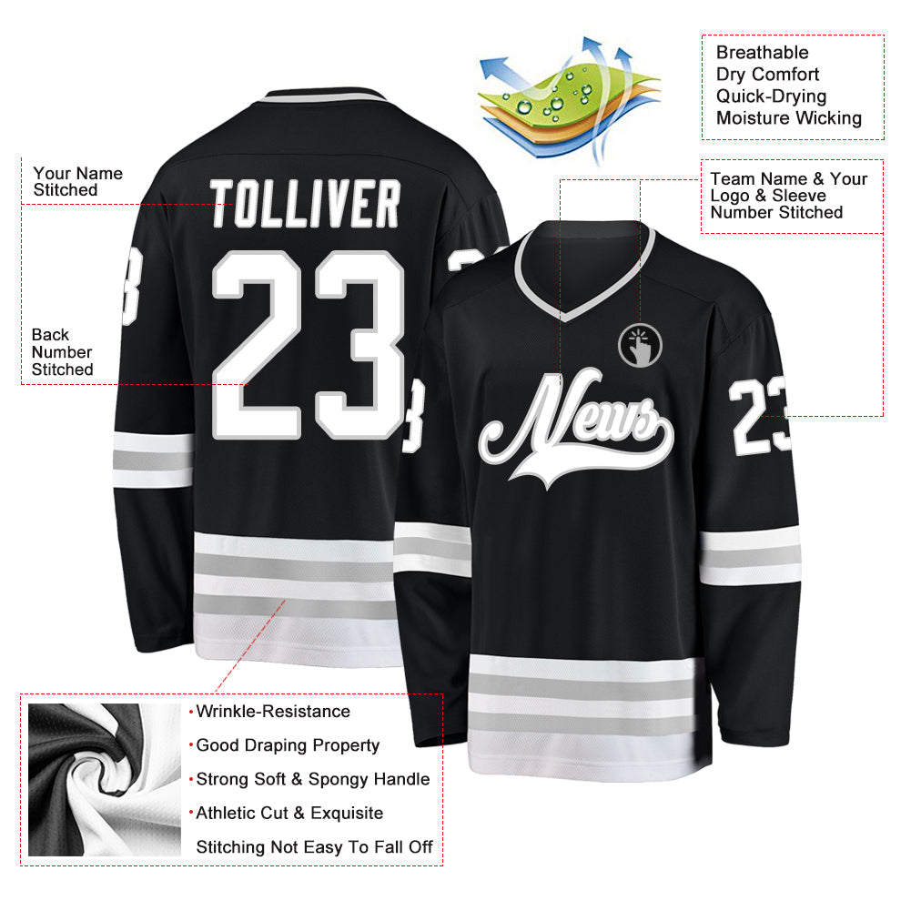 Custom Black White-Gray Hockey Jersey view 4