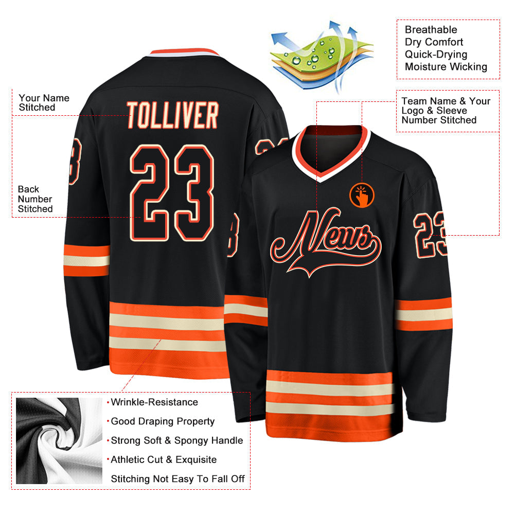 Custom Black Black-Orange Hockey Jersey view 5