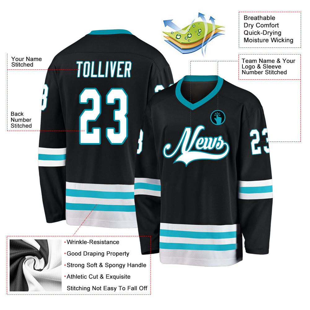 Custom Black White-Teal Hockey Jersey view 4