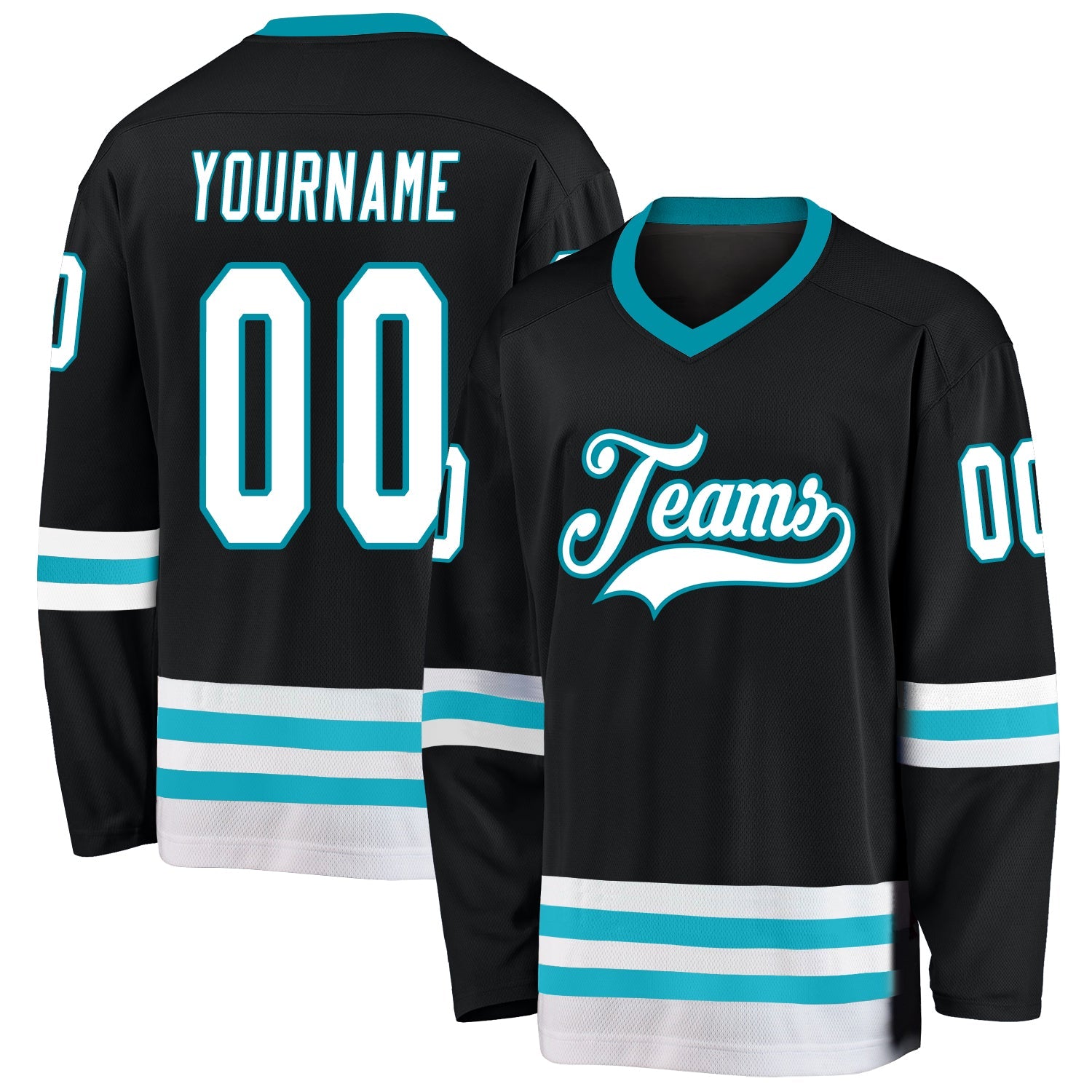 Custom Black White-Teal Hockey Jersey - Main View