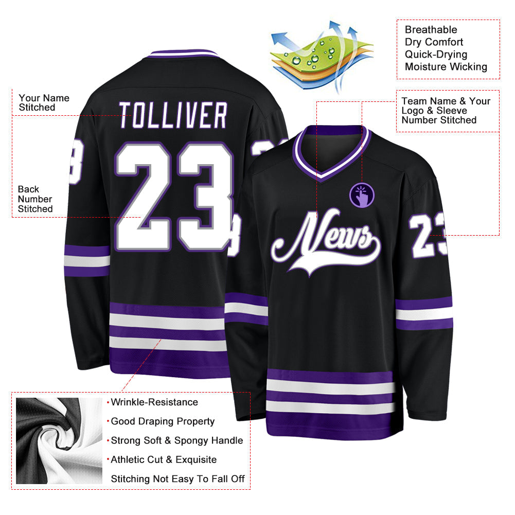 Custom Black White-Purple Hockey Jersey view 4