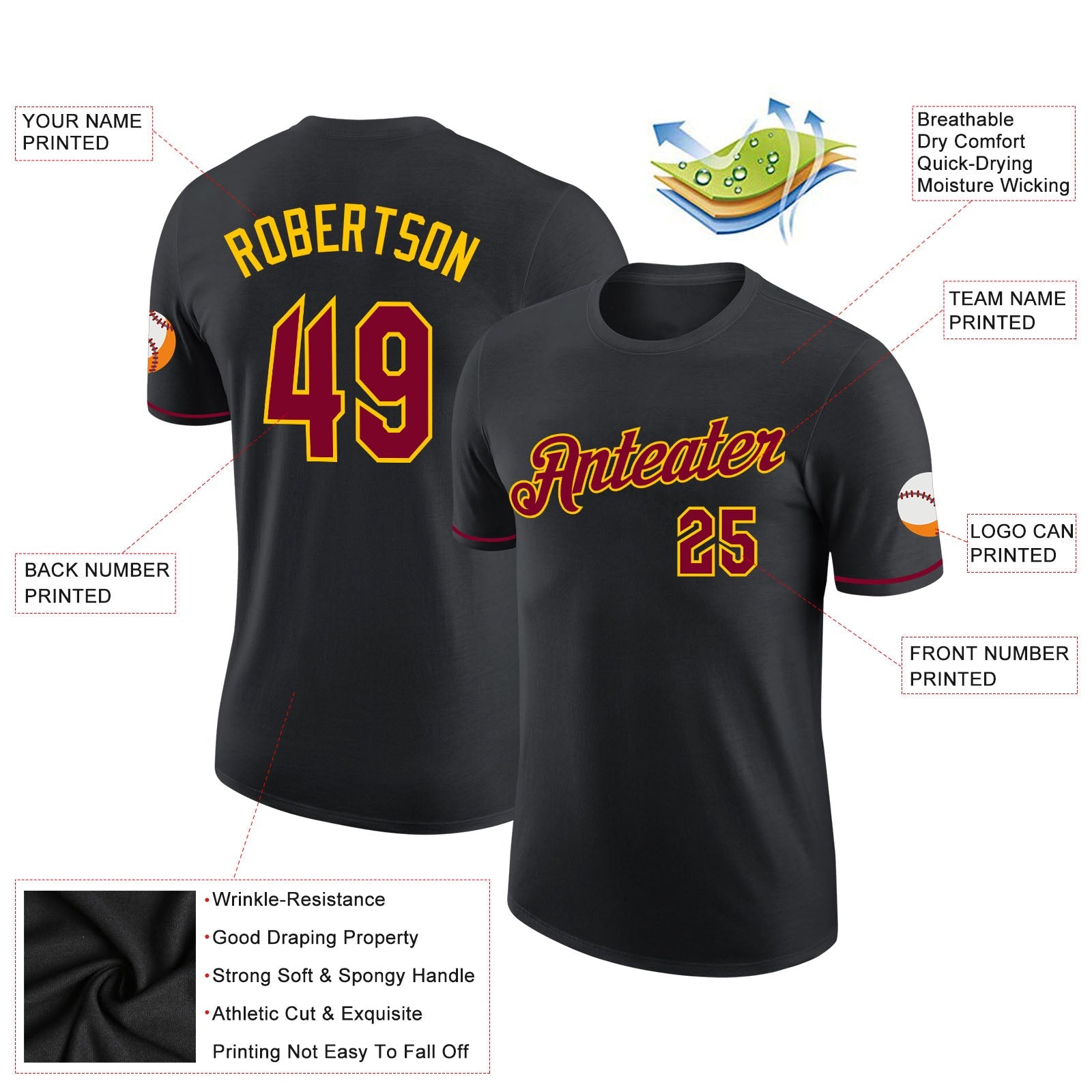 Custom Black Maroon-Gold Performance T-Shirt view 2