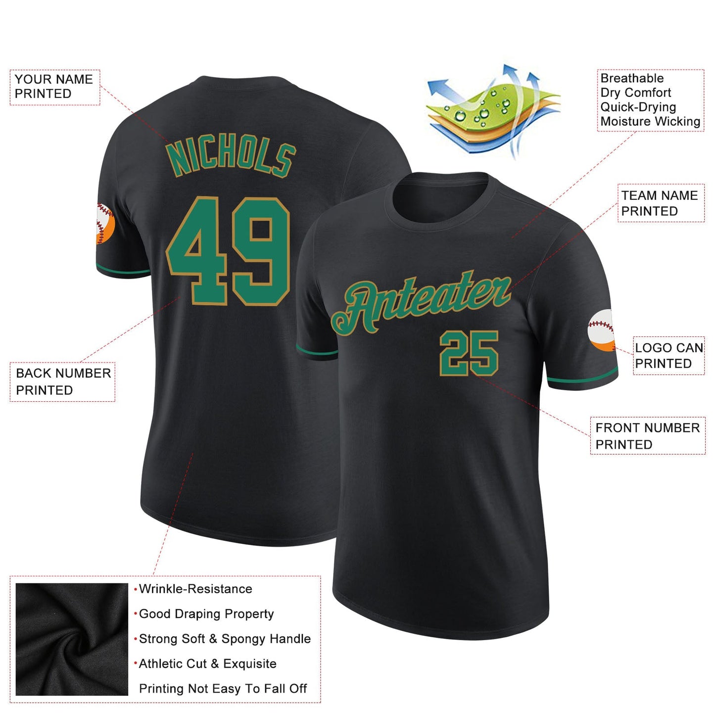 Custom Black Kelly Green-Old Gold Performance T-Shirt view 2