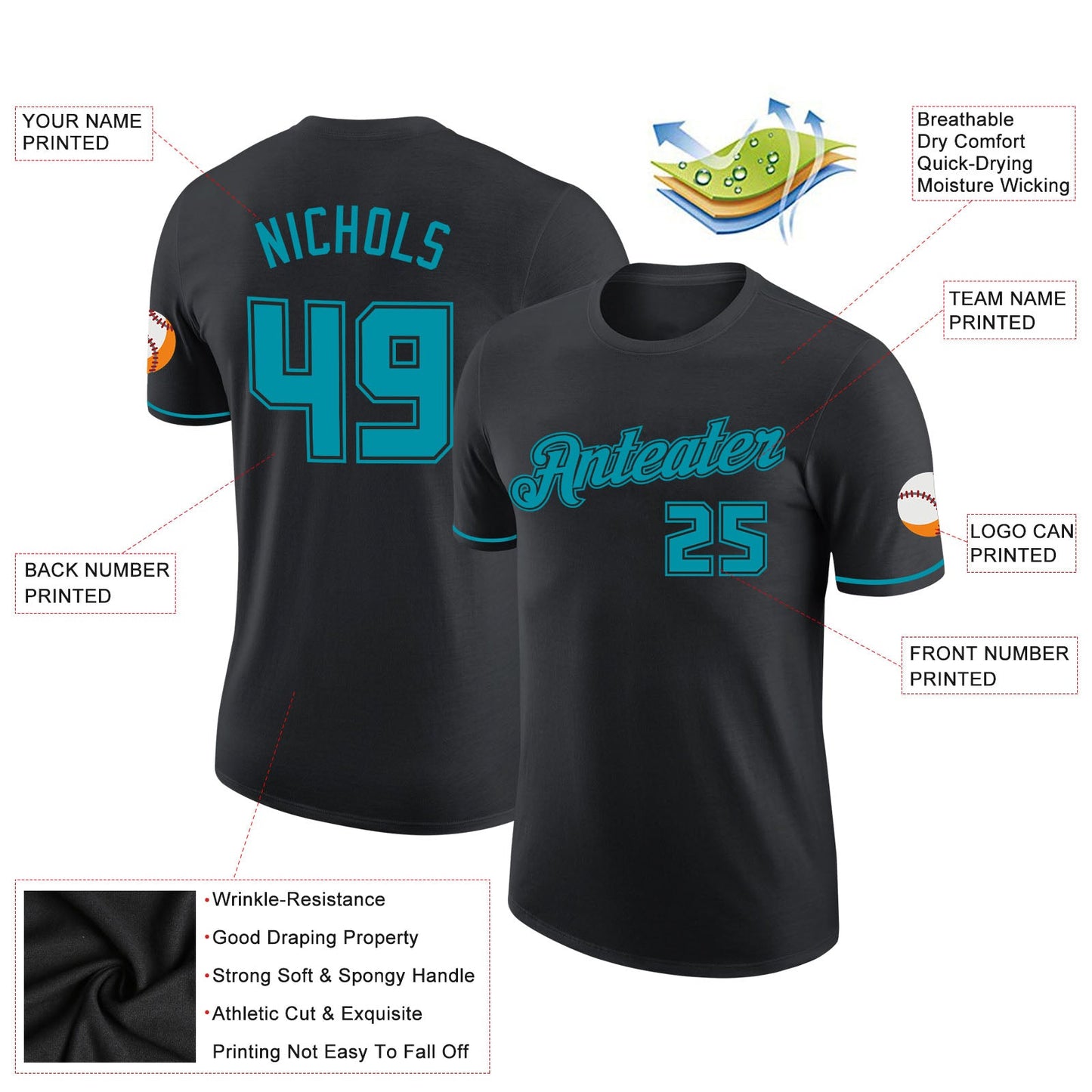 Custom Black Teal-Black Performance T-Shirt view 2