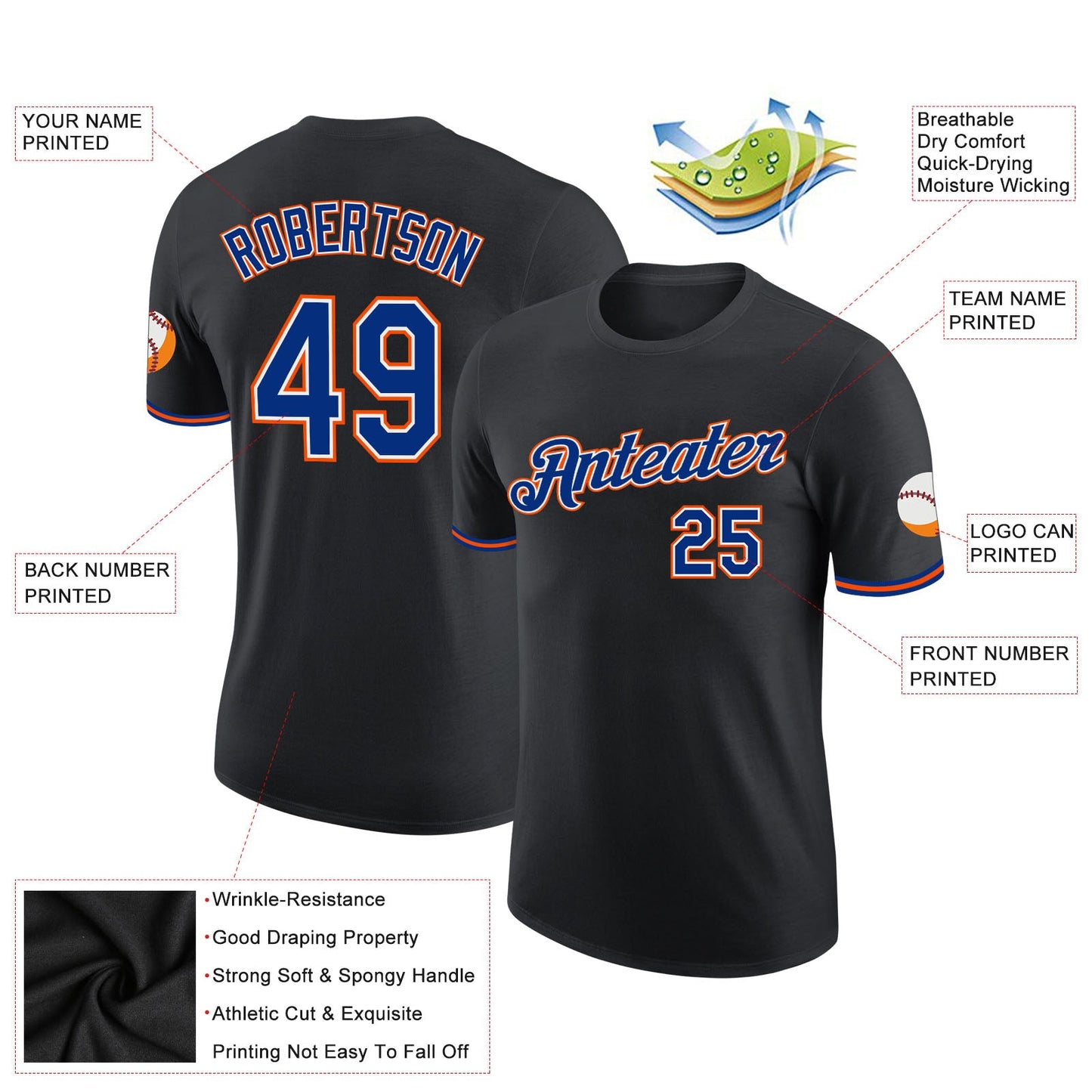 Custom Black Royal-Orange Performance T-Shirt view 2